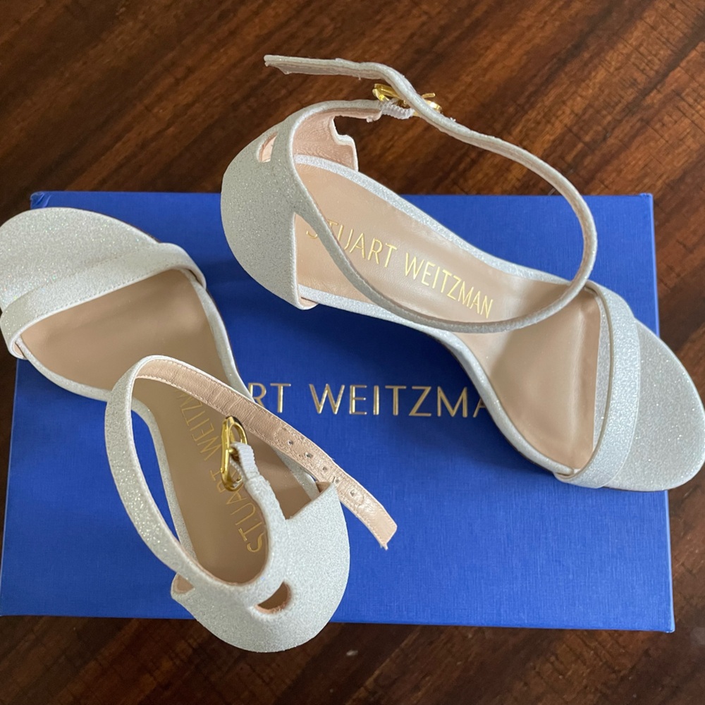 Stuart Weitzman NUNAKEDSTRAIGHT STRAP SANDAL White Fine Glitter